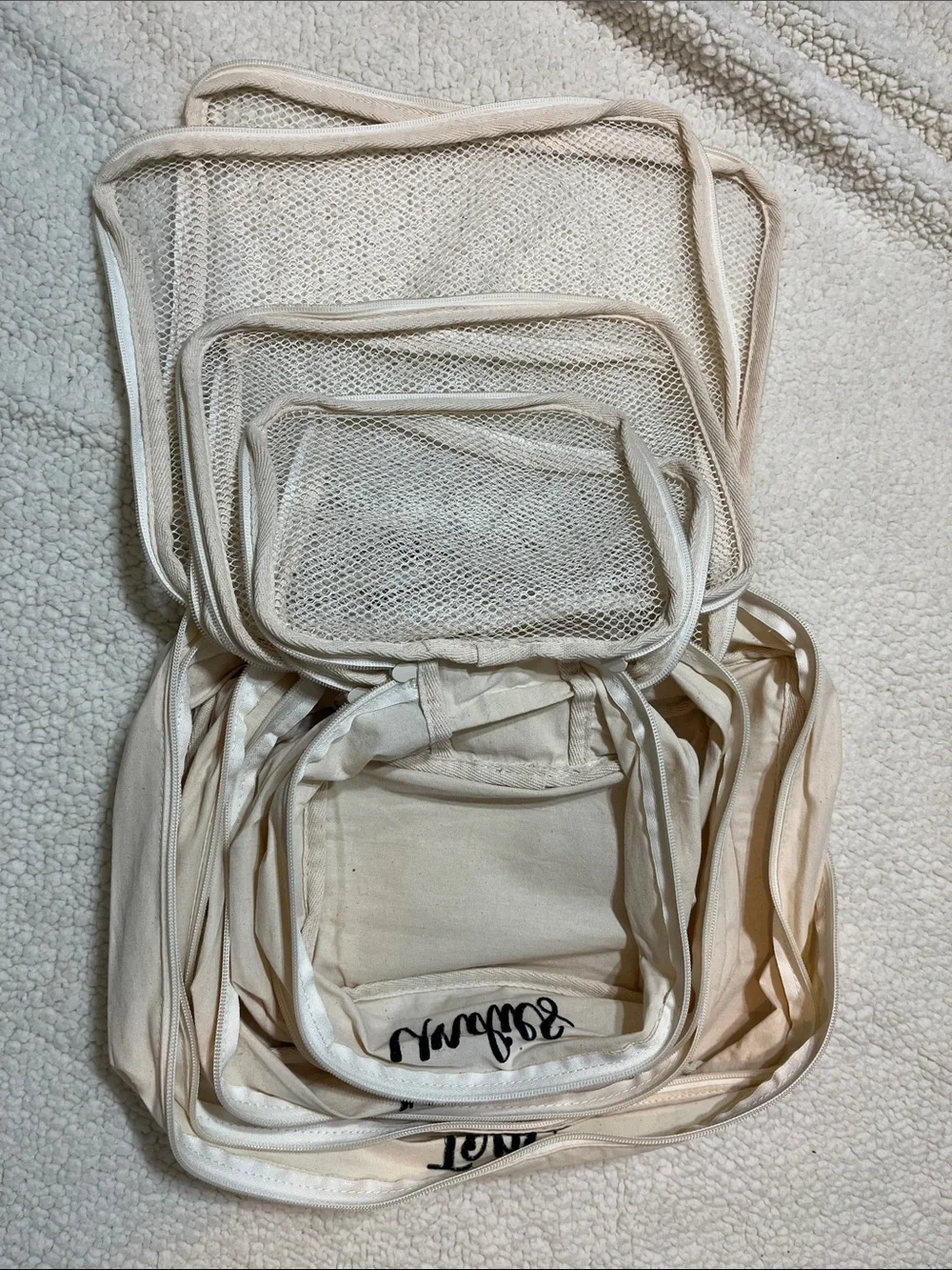 6-Piece Embroidered Travel Packing Cube Set NWOT  Neutral Canvas Mesh Organizers